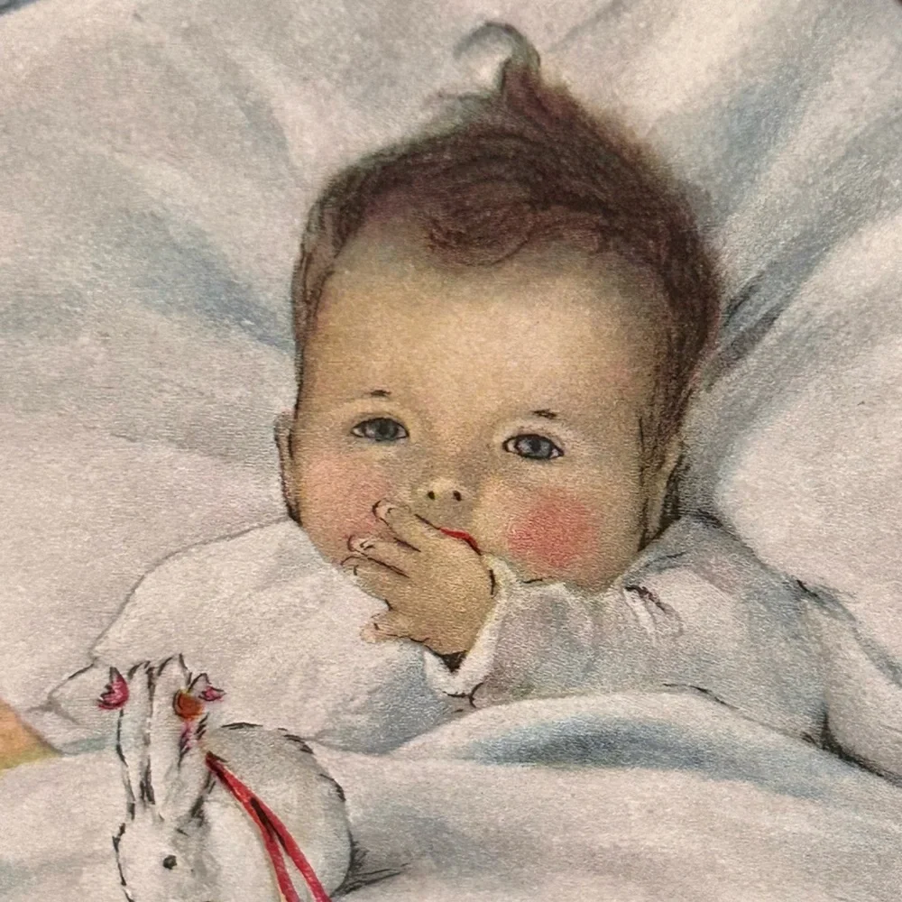ANTIQUE FRAMED OVAL WALL ART BESSIE PEASE GUTMANN BABY’S FIRST CHRISTMAS SWEET!